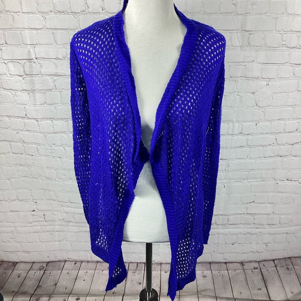 NWT Say What Mesh Open Weave Waterfall Cardigan Womenโs Size Small Electric Blue